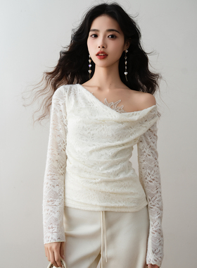 ron&ron温柔慵懒风蕾丝拼接荡领梭织上衣2025冬季女长袖气质上衣