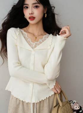 ron&ron法式温柔风蕾丝拼接针织开衫2025秋季显瘦气质打底上衣