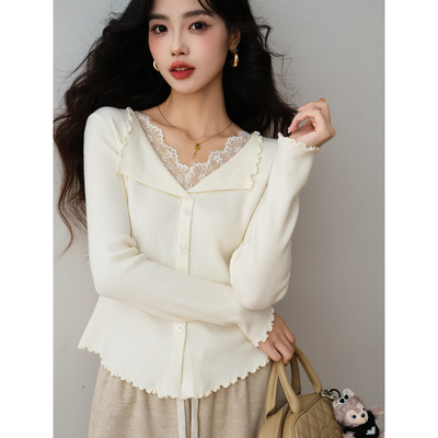 法式温柔风蕾丝拼接气质针织开衫
