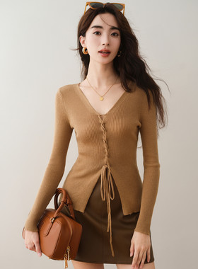 ron&ron设计感抽绳V领针织衫早秋新款小众修身显瘦系带绝美上衣T