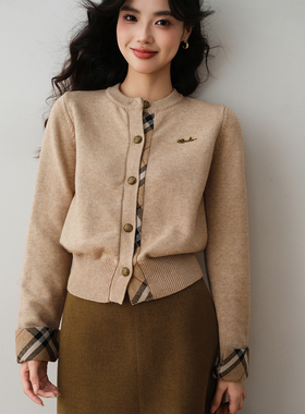 ron&ron英伦风圆领格纹撞色针织开衫2025秋季外套设计感纽扣毛衣