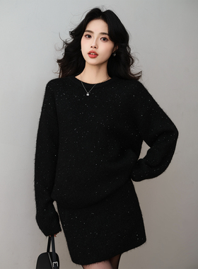 ron&ron气质小香风黑色亮片毛衣套装2025冬季高级宽松半裙女套装