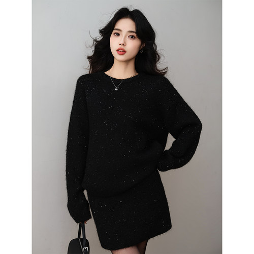 ron&ron气质小香风黑色亮片毛衣套装2025冬季高级宽松半裙女套装