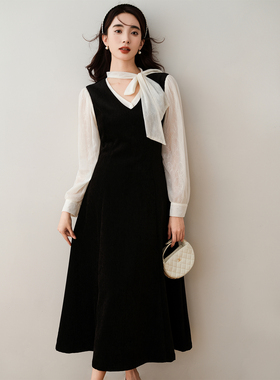 ron&ron气质优雅背心裙2024秋冬新款千金感黑色丝绒高腰a字长裙T