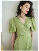 ron法式 设计感V领小众中长裙t 新款 垂感复古泡泡袖 连衣裙2022夏季