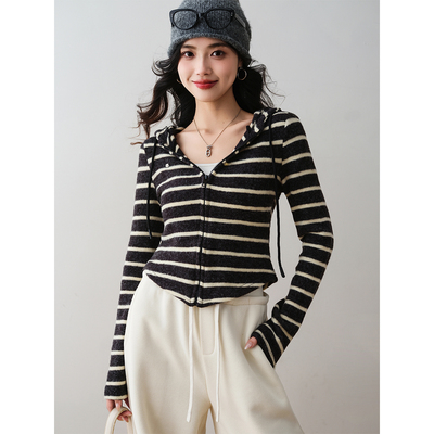 2025韩系条纹连帽拉链针织开衫
