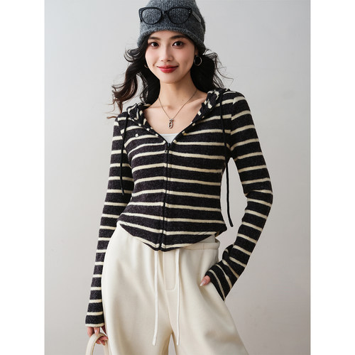 2025韩系条纹连帽拉链针织开衫