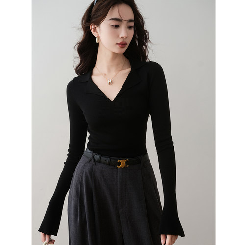 套头V领修身显瘦喇叭袖针织衫