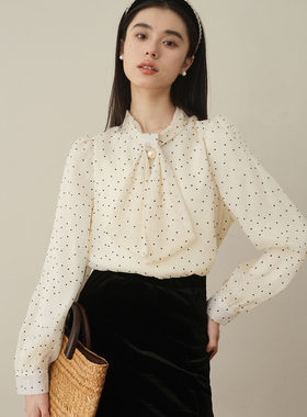 Ron法式波点珍珠衬衫2024早春新款设计感蝴蝶结别致绝美白色上衣T