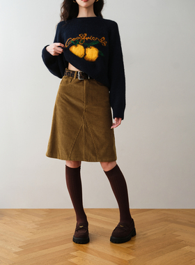 ron&ron韩式高腰棉质A字半身裙送腰带2025冬季中长复古简约通勤裙