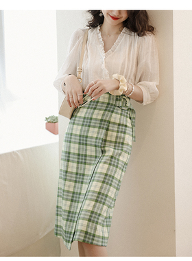 绿色格子围裹直筒裙T