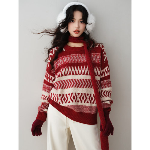 ron&ron费尔岛风宽松几何提花针织衫女2025冬季日常复古毛衣上衣