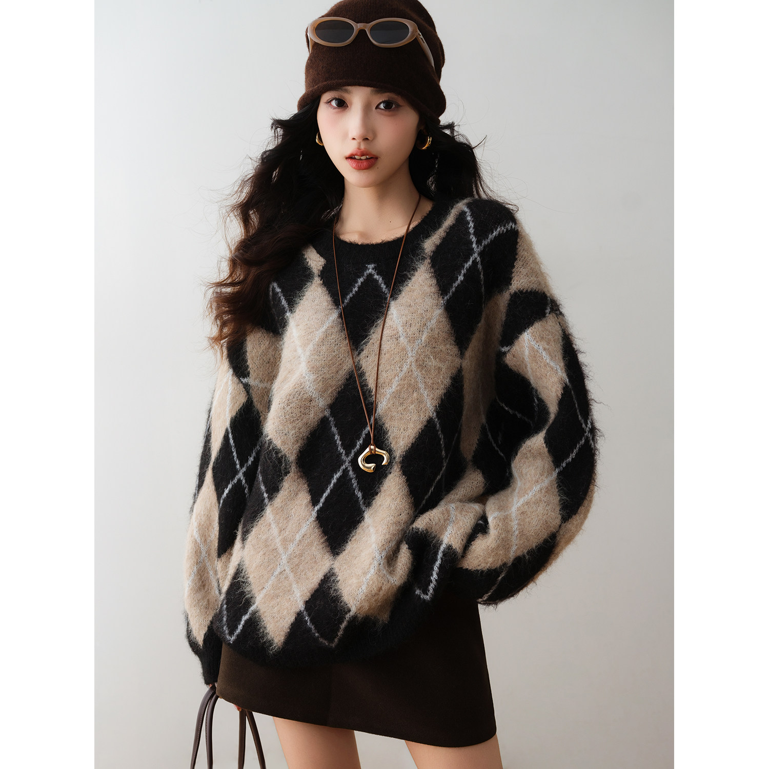 复古风菱格纹毛绒针织毛衣2025冬