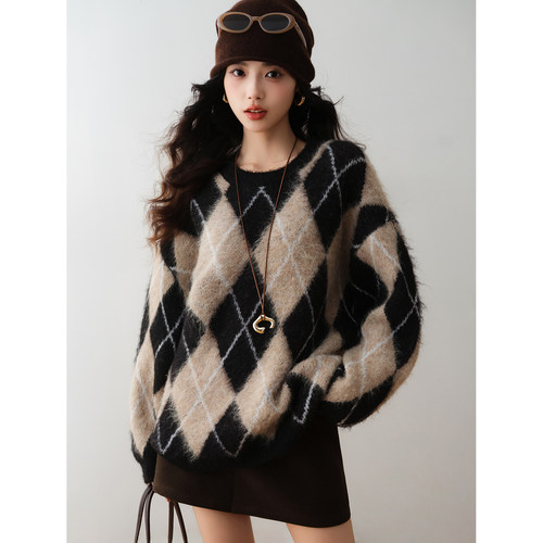 复古风菱格纹毛绒针织毛衣2025冬