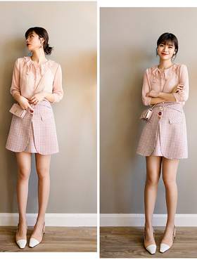 Ron原创a字半身裙女 绿色格子高腰短裙设计感夏季2019新款小清新T