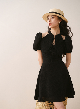 RonRon新中式改良黑色连衣裙2023夏新款高级感复古收腰气质裙子T