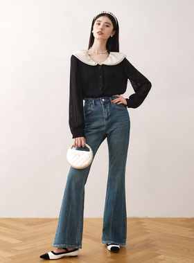 Ron法式镂空黑色衬衫女薄款2024早春新款小众设计感气质长袖上衣T