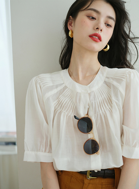 ronron复古宫廷风打褶天丝衬衫2022夏季新款设计感白色中袖上衣t