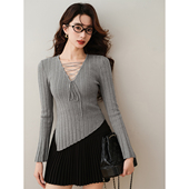 别致修身 ron&ron不规则抽绳V领针织衫 2024秋冬款 收腰设计感上衣T