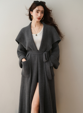 ron&ron高级感大翻领毛衣外套秋冬新款氛围感宽松绑带外搭开衫T