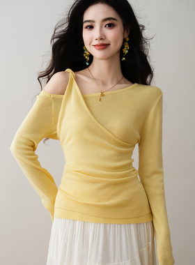 ron&ron法式设计感斜肩露肩针织衫2026春季修身显瘦不对称上衣