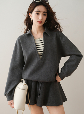 ron&ron休闲套头卫衣半裙套装2024秋冬新款时尚低V领灰色两件套T