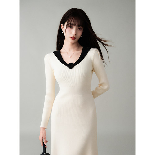 法式赫本风拼色修身显瘦针织裙