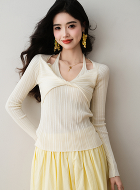 ron&ron法式V领挂脖扭结针织衫送飘带2026春季假两件修身优雅上衣