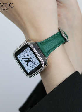适用于苹果手表s9表带高级感商务applewatch10表带荔枝纹橙色秋冬