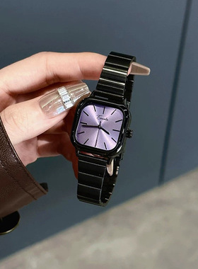 小红书黑茶女表小众暗黑EAVANLIN女士小方表时尚钢琴带灰紫手表