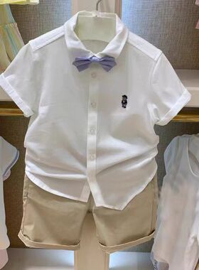 2025夏款童装男童领结绅士短袖衬衣中大童休闲洋气学院风半袖