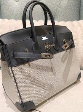 已售欣赏bk25cm石板灰帆布拼进口原厂swift皮铂金包手提包全手工