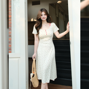 纯欲碎花显瘦遮肉收腰短袖 法式 PSG微胖大码 吊带长裙 货返20元