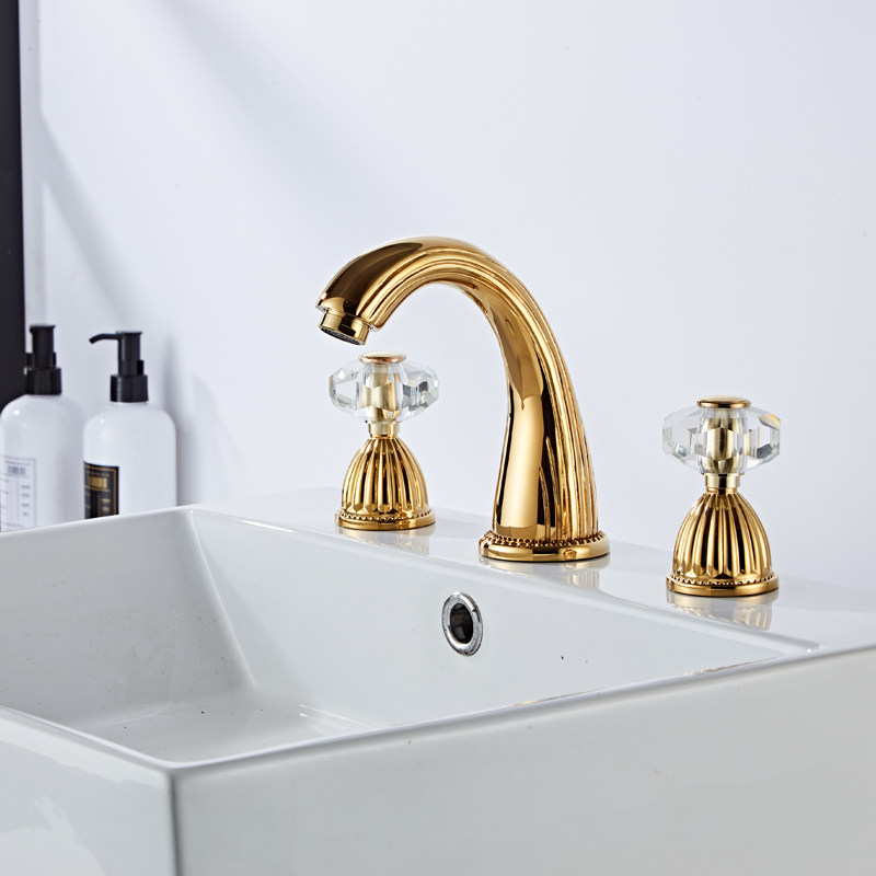 面盆水龙头金色三孔洗脸盆水龙头水晶手柄全铜全铜