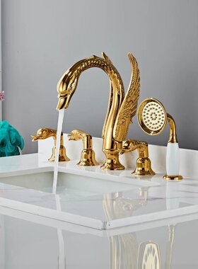 豪华金色天鹅造型五孔水龙头洗脸盆冷热分体式浴缸座式面盆水龙头