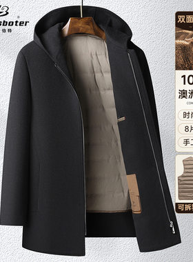 100%羊毛秋冬连帽双面呢中长大衣