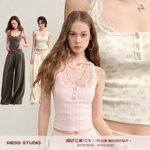 Mess Studio 辣妹设计感蕾丝拼接修身显瘦女工字背带背心上衣女夏