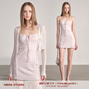 Mess Studio 辣妹系带短款薄款修身收腰条纹粉色吊带连衣裙女夏