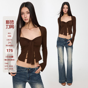 方领上衣女喇叭袖 辣妹设计感蕾丝拼接棕色扭结短款 Studio Mess