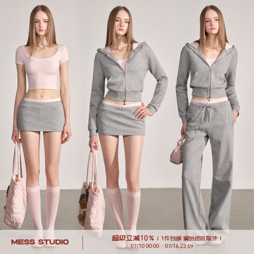 Mess Studio 辣妹方领蕾丝短袖T恤上衣半身裙休闲裤外套女套装