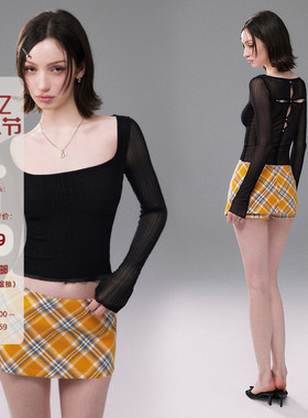 Mess Studio 辣妹风性感露背修身微透短款方领长袖黑色上衣女春季