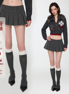 Mess Studio 辣妹设计感短款宽腰头灰色条纹西装百褶半身裙女春秋