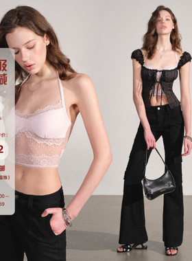 Mess Studio 辣妹外穿短款粉色网纱波点挂脖吊带背心上衣女带胸垫