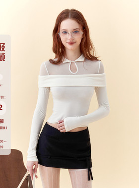 Mess Studio 辣妹修身显瘦网纱拼接一字肩上衣长袖白色T恤女春秋