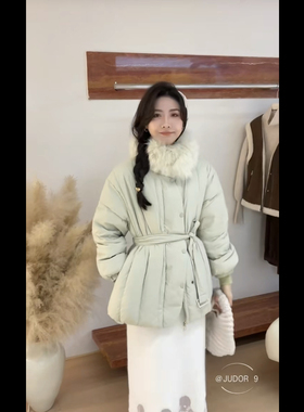 韩妃恋羽绒服女韩版中长款小个子款围脖毛领加厚90白鸭绒冬季外套