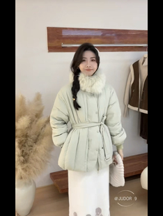 韩妃恋羽绒服女韩版中长款小个子款围脖毛领加厚90白鸭绒冬季外套