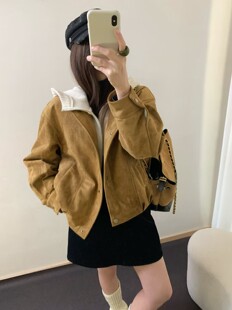 韩系冬季新款假两件针织连帽麂皮绒羽绒服女短款小个子保暖外套