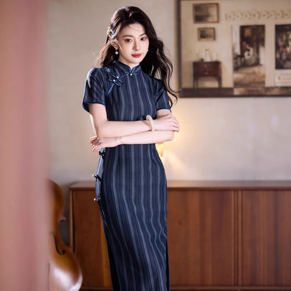 贝之韵 蓝色复古新中式旗袍夏季改良气质日常素雅修身高端大气女