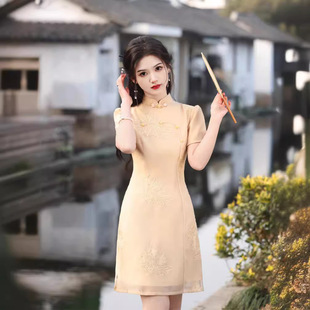 2024春夏新款欧根纱双层短款旗袍改良版短款连衣裙小清新淑女旗袍
