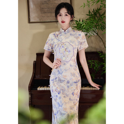 绝美紫色旗袍新中式送考夏季2025新款高端大气上档次小个子